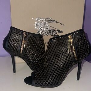 Burberry Black Mesh Heeled Boots with Gold Zippers